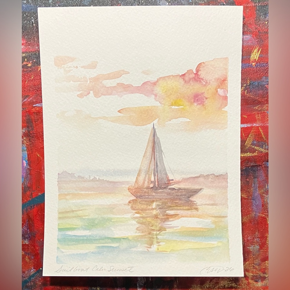 Original sailboat sunset painting schooner art ocean marine nautical handmade - Picture 3 of 8